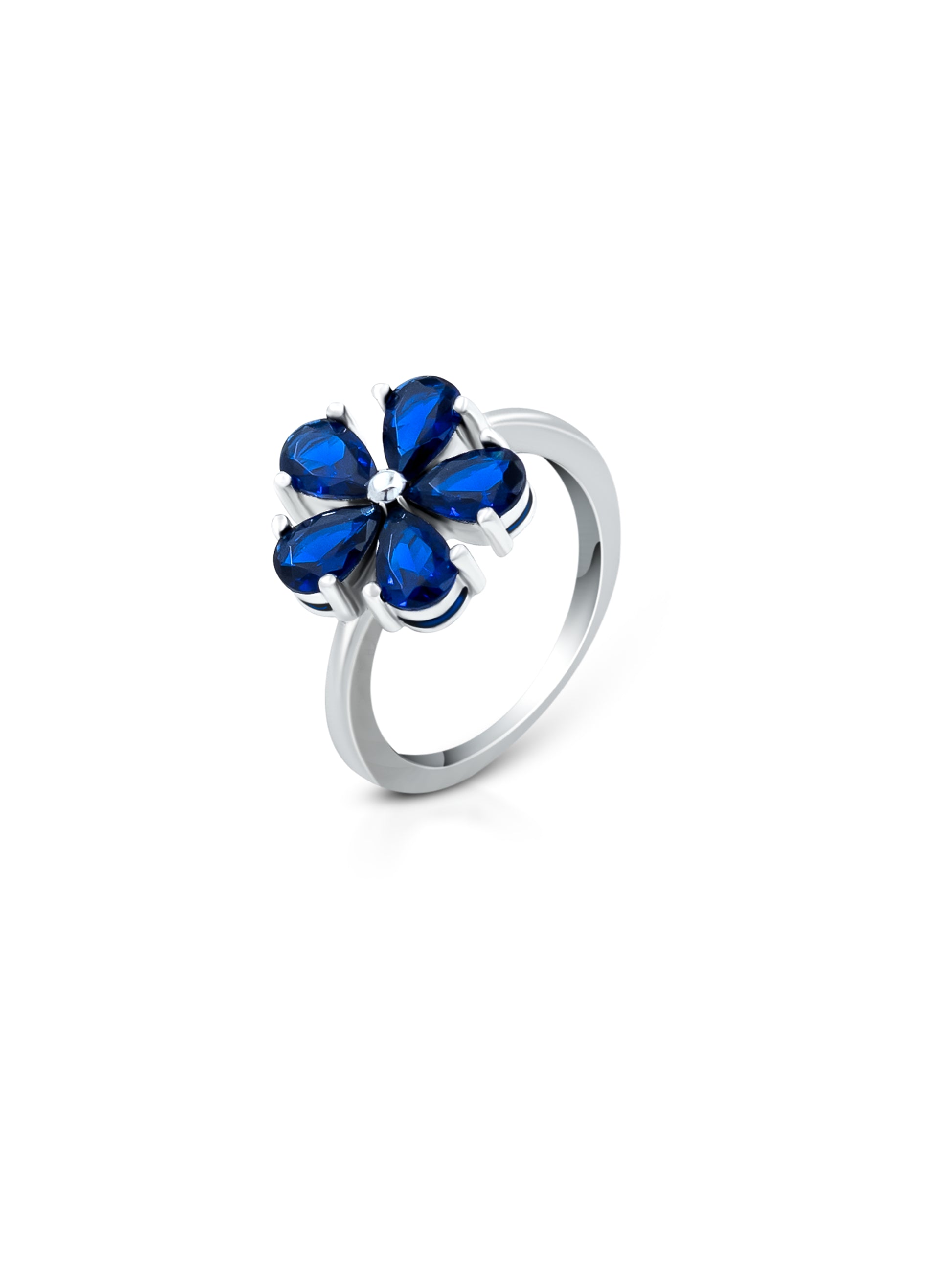 Blue stone floral sterling silver ring