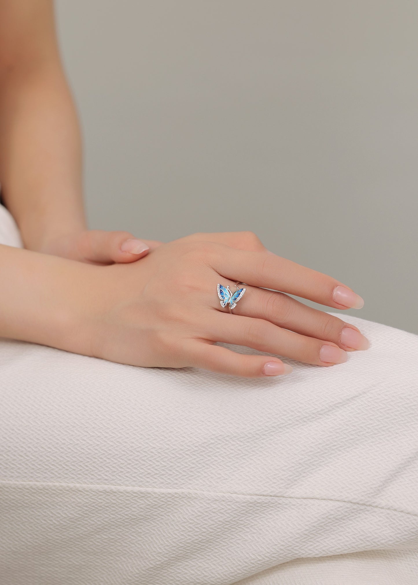 Butterfly enamel adjustable sterling silver ring