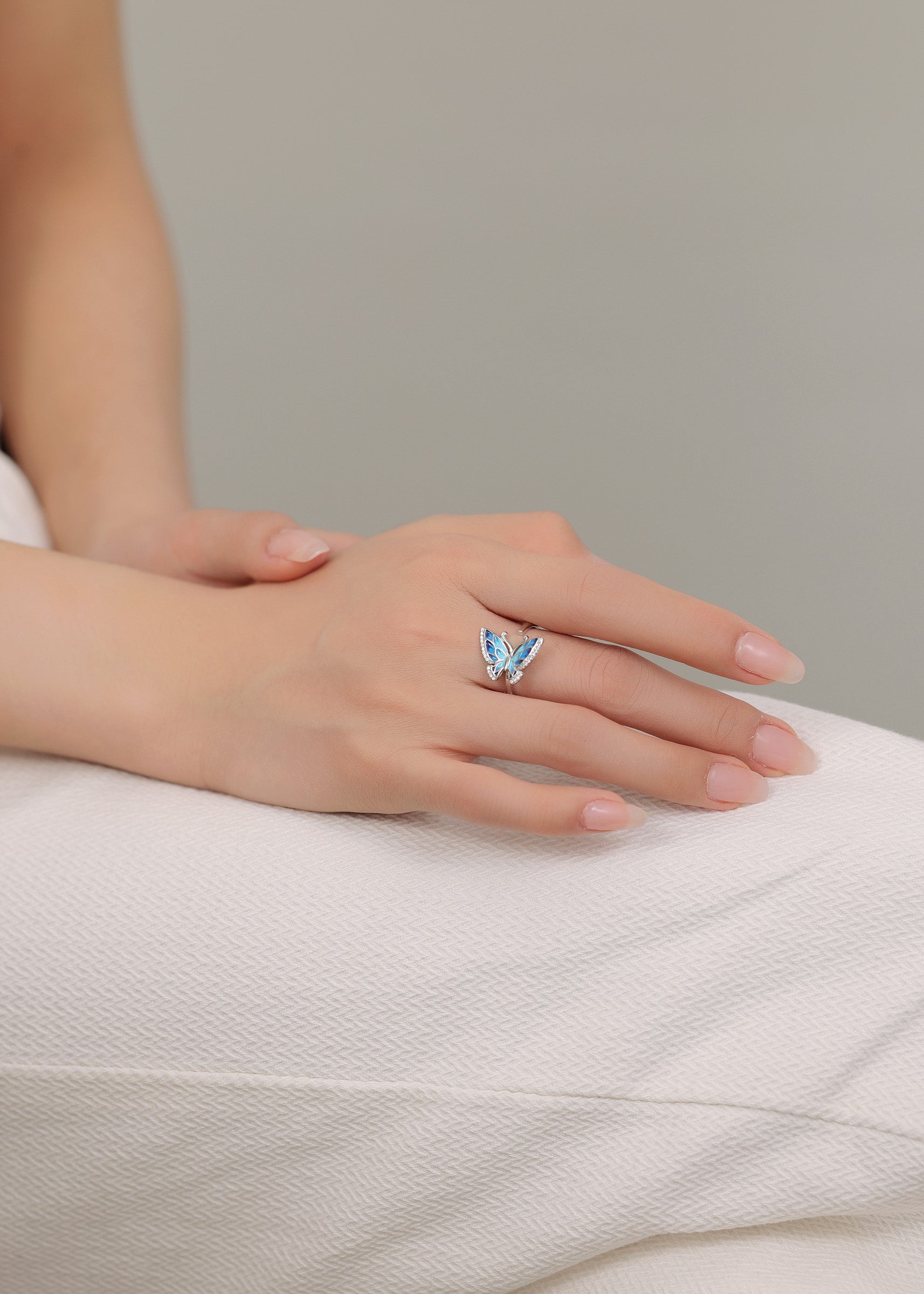 Butterfly enamel adjustable sterling silver ring