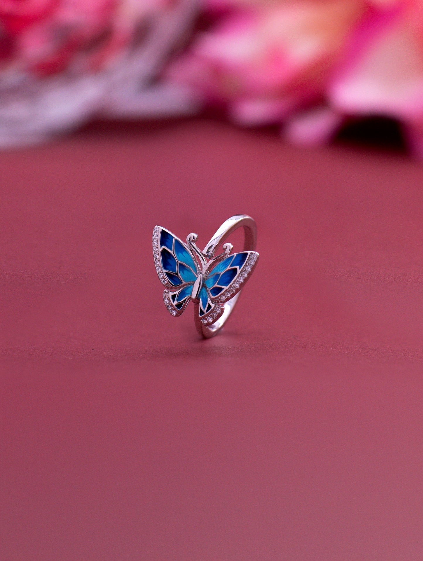 Butterfly enamel adjustable sterling silver ring