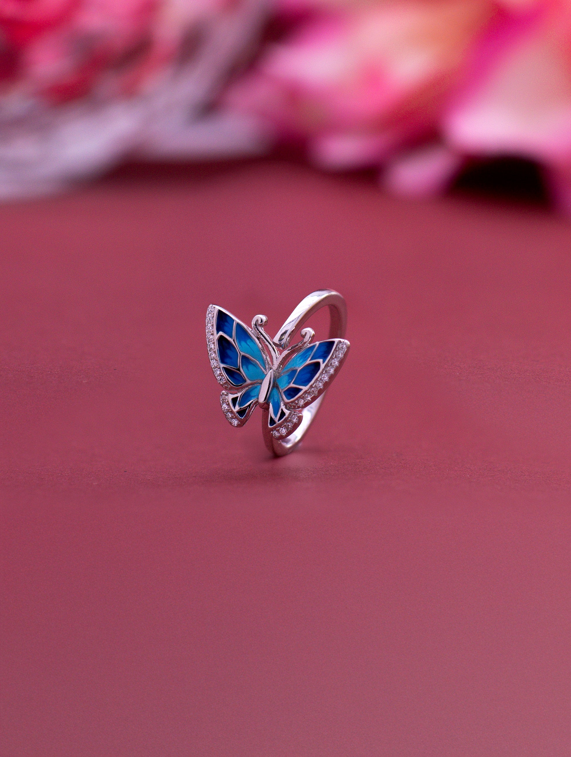 Butterfly enamel adjustable sterling silver ring