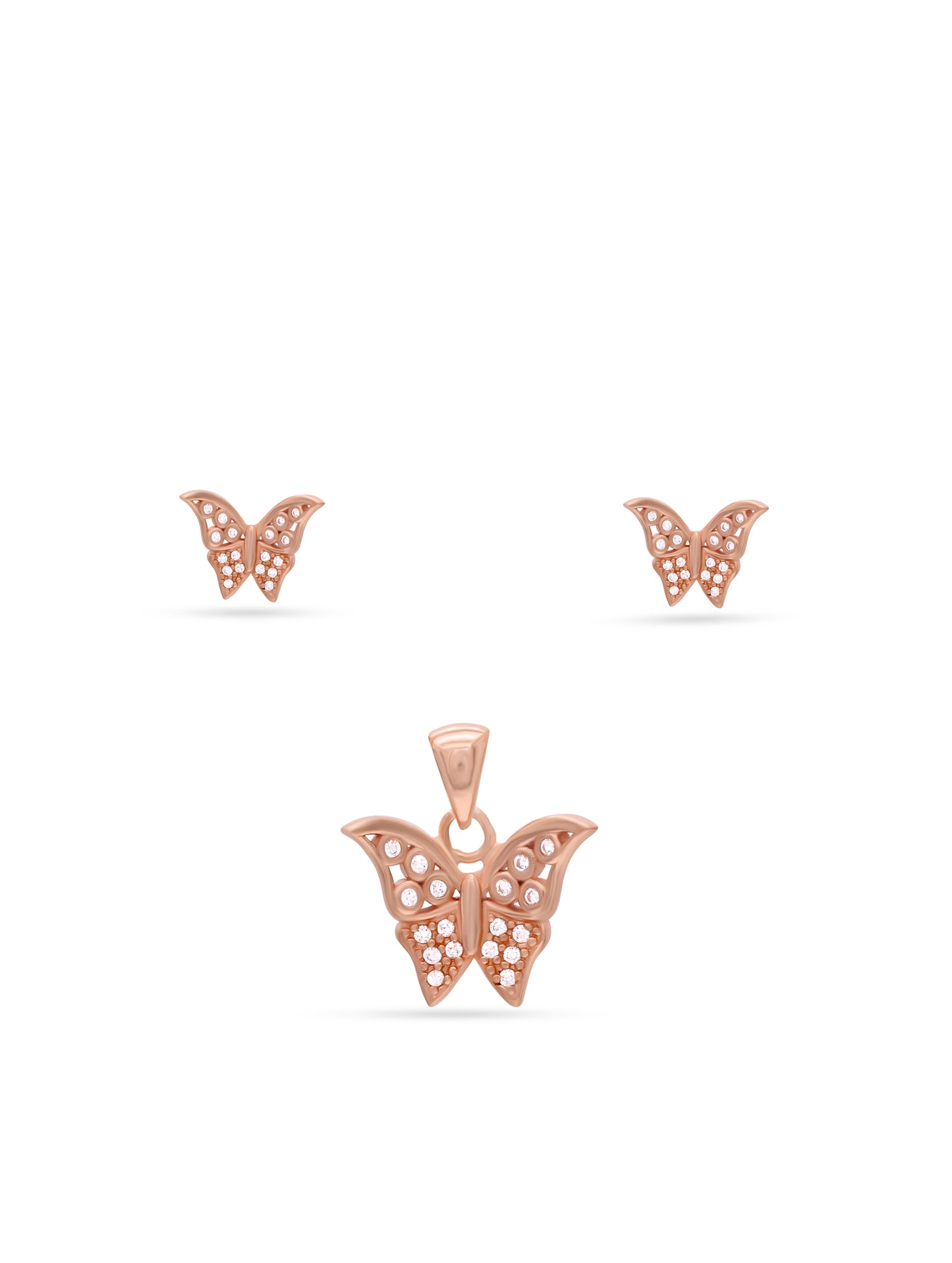 Rose gold butterfly sterling silver pendant set