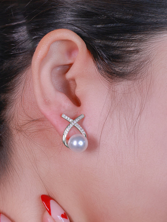 Pearl and zircon sterling silver earrings